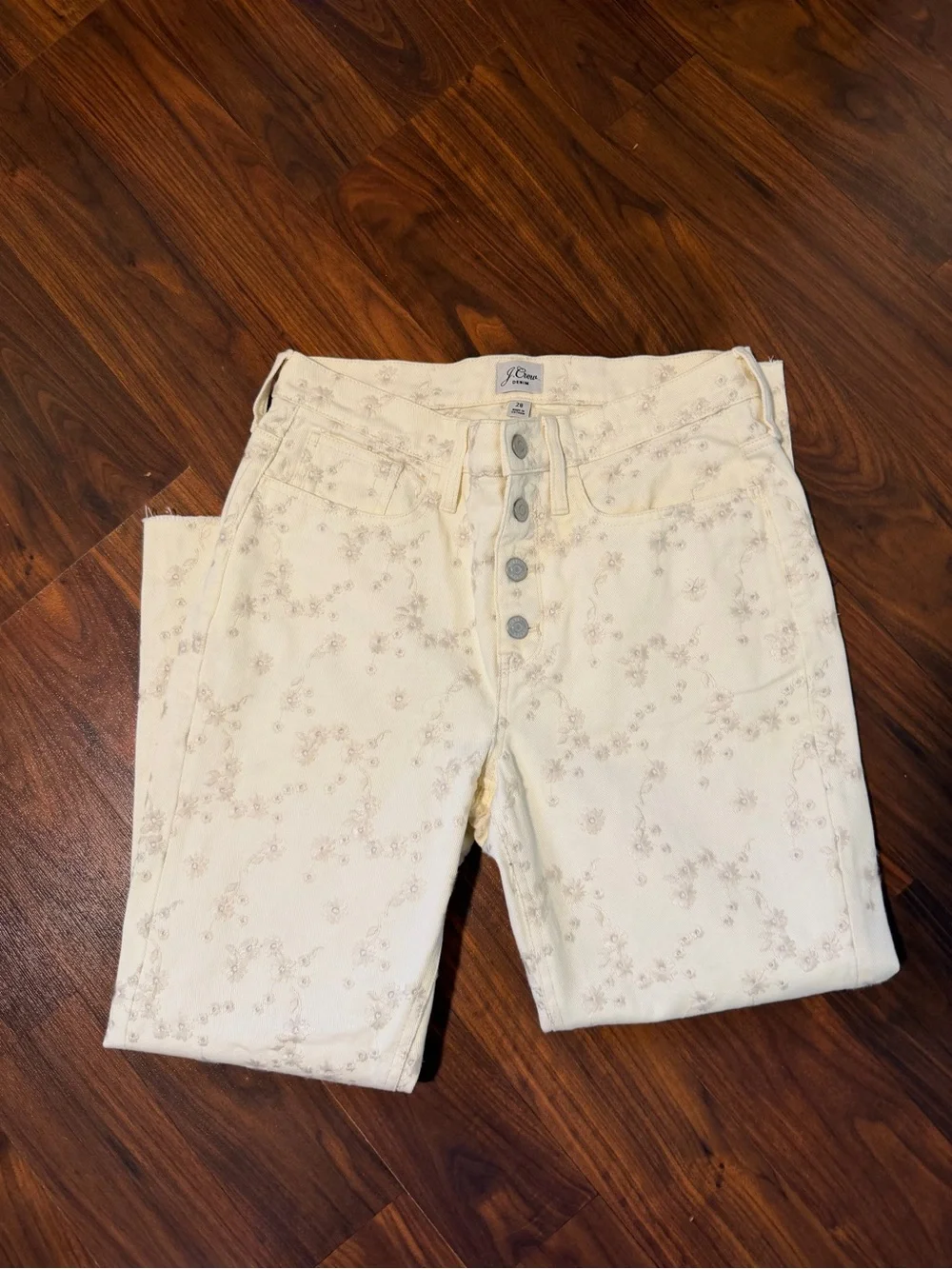 J. Crew High Rise Billie Demi Boot Crop Cream Jeans with Embroidery